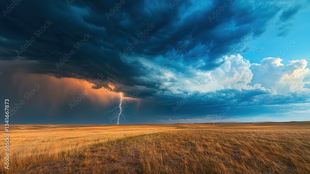 Obraz premium Dramatic Thunderstorm Over Open Grassland Landscape at Dusk