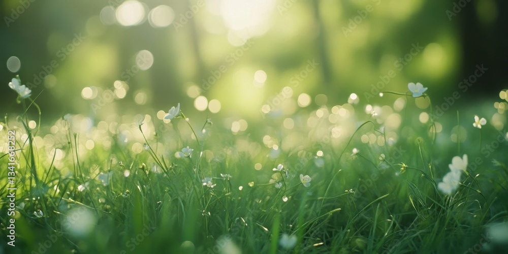 Obraz premium Blooming Bliss: a sun-drenched view, small white flower in green grass and the bright bokeh background of blurred sunlight dancing on the green leaves creates a serene and ethereal atmosphere.