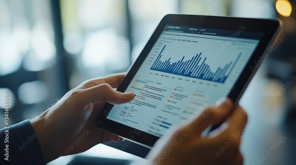 Fototapeta premium A businessman holding a tablet, focused on analyzing various data trends and graphs.