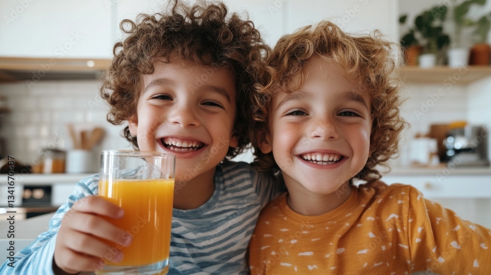 Two children standing next to each other, smiling at the camera, holding a glass of orange juice against their faces. Two children standing next to each other, smiling at the camera, holding a glass of orange juice against their faces.