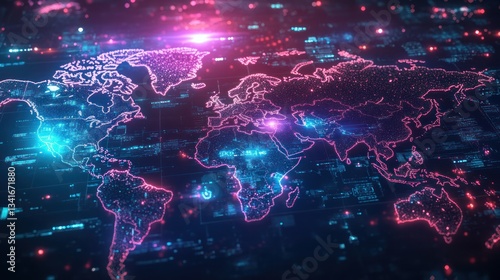 A futuristic cyberpunk-style world map, illuminated with deep blue and purple neon lights