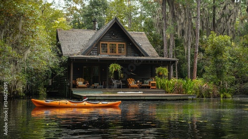 A serene riverside home with kayaks ready for adventure.