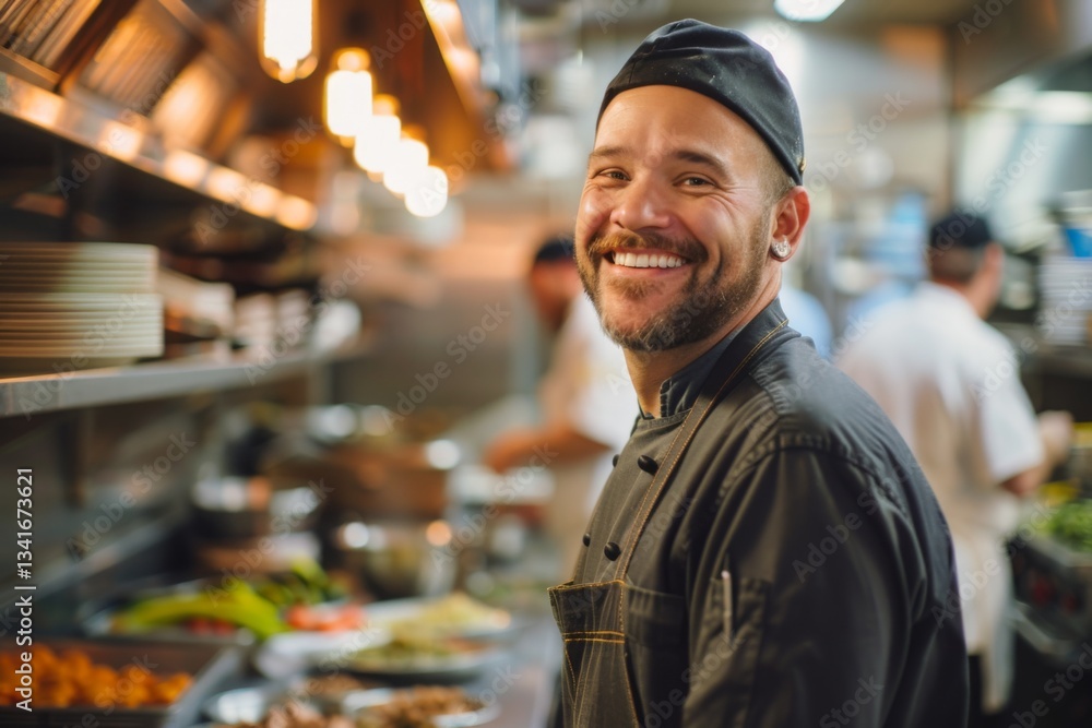 Portrait of smiling American chef in restaurant kitchen Portrait of smiling American chef in restaurant kitchen