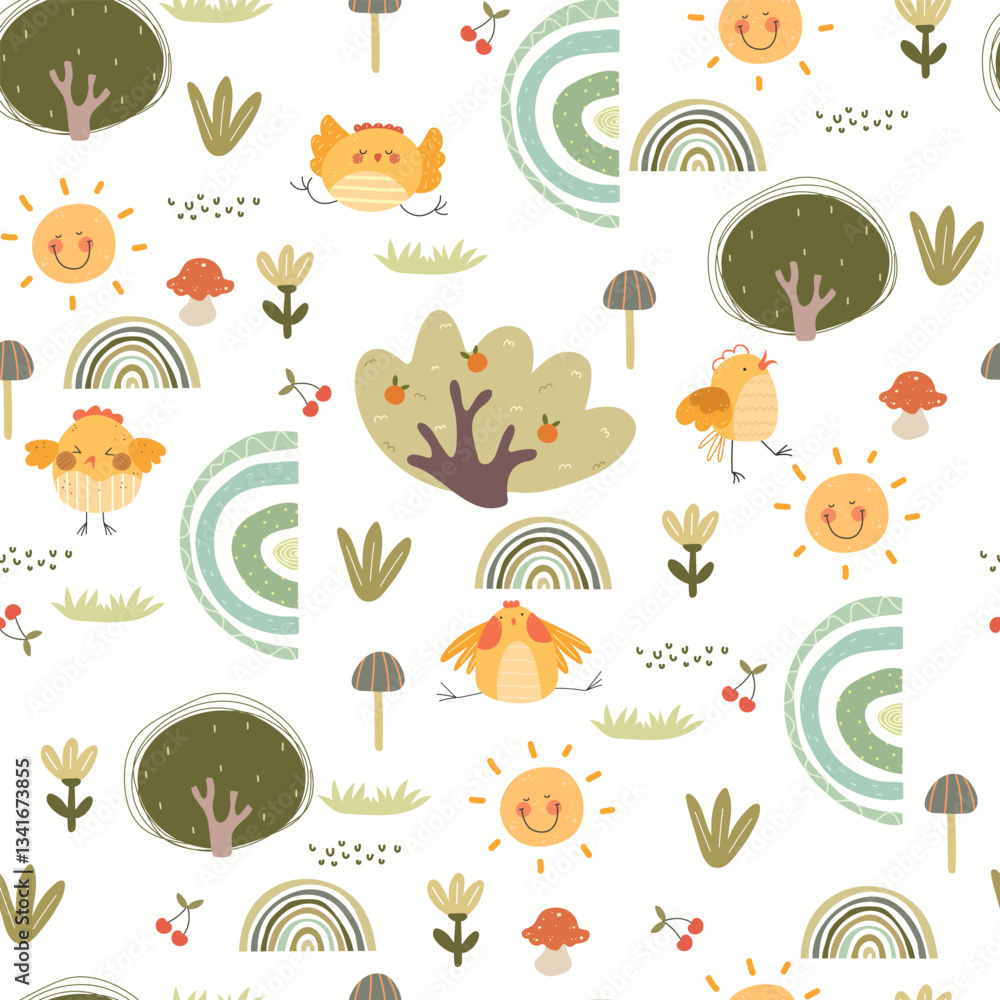 Fototapeta premium Seamless pattern with little chiks , cartoon nature and rainbows. Cute vector illustration for Easter.