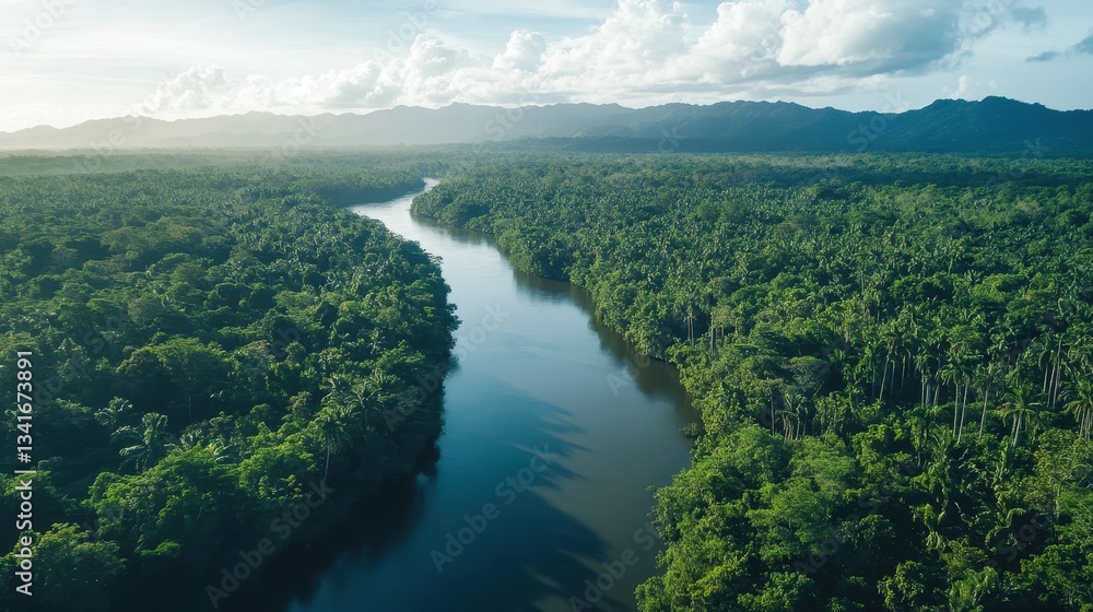 Lush Green Jungle Landscape with River and Mountains under Cloudy Sky Lush Green Jungle Landscape with River and Mountains under Cloudy Sky