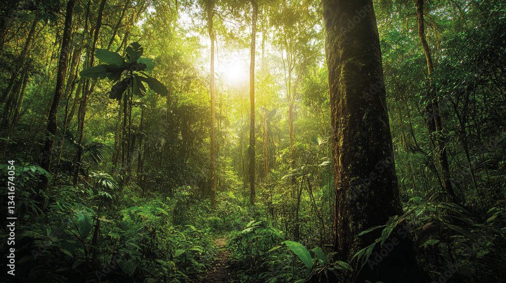 Naklejka premium The lush green forest is teeming with diverse wildlife and towering ancient trees.