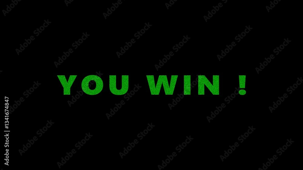 You Win glitch text effect animation on a black background. Retro arcade game visual. You Win glitch text effect animation on a black background. Retro arcade game visual.