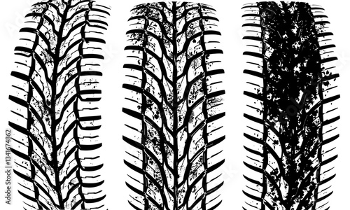 Tire texture showcases three distinct tire patterns, highlighting wear and tread depth variations. image evokes sense of durability and performance in automotive design