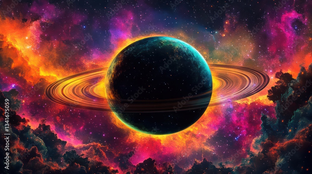 Obraz premium A giant celestial planet silhouette with orbiting rings and shooting stars, framed