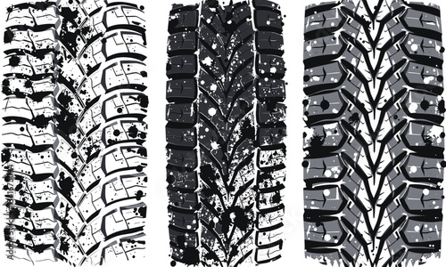 This showcases three distinct tire textures, highlighting various tread patterns and designs that are essential for vehicle performance and traction different surfaces. textures exhibit unique