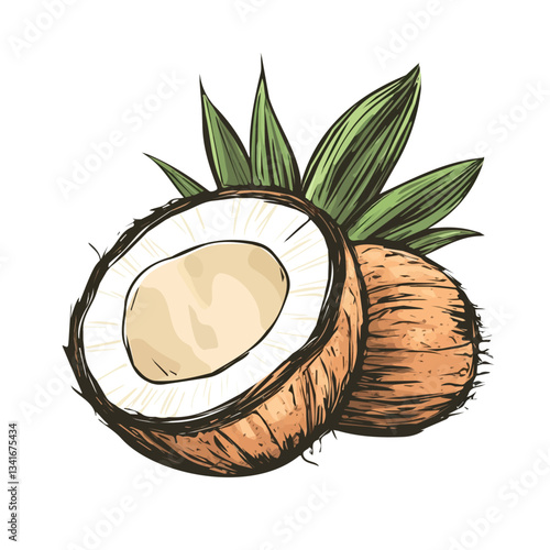 Hand-drawn colorful sliced Coconut with leaves. Trendy abstract minimal style. Natural fresh. Vector illustration isolated on white background, vector illustration