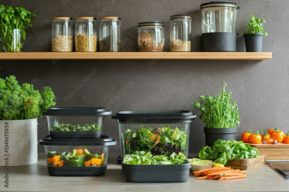 Fresh Vegetables and Herbs in Kitchen with Storage Containers and Shelves of Ingredients Fresh Vegetables and Herbs in Kitchen with Storage Containers and Shelves of Ingredients
