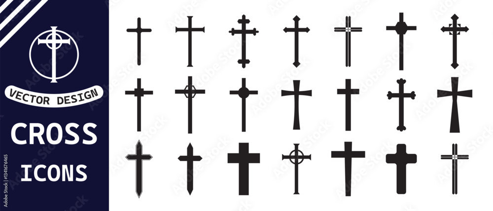 Fototapeta premium set of metallic Christian cross icon on white background.