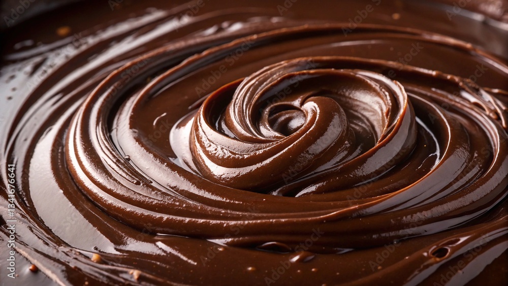 Smooth, dark chocolate fudge icing with a spiral pattern, macro shot.
Smooth, dark chocolate fudge icing with a spiral pattern, macro shot.