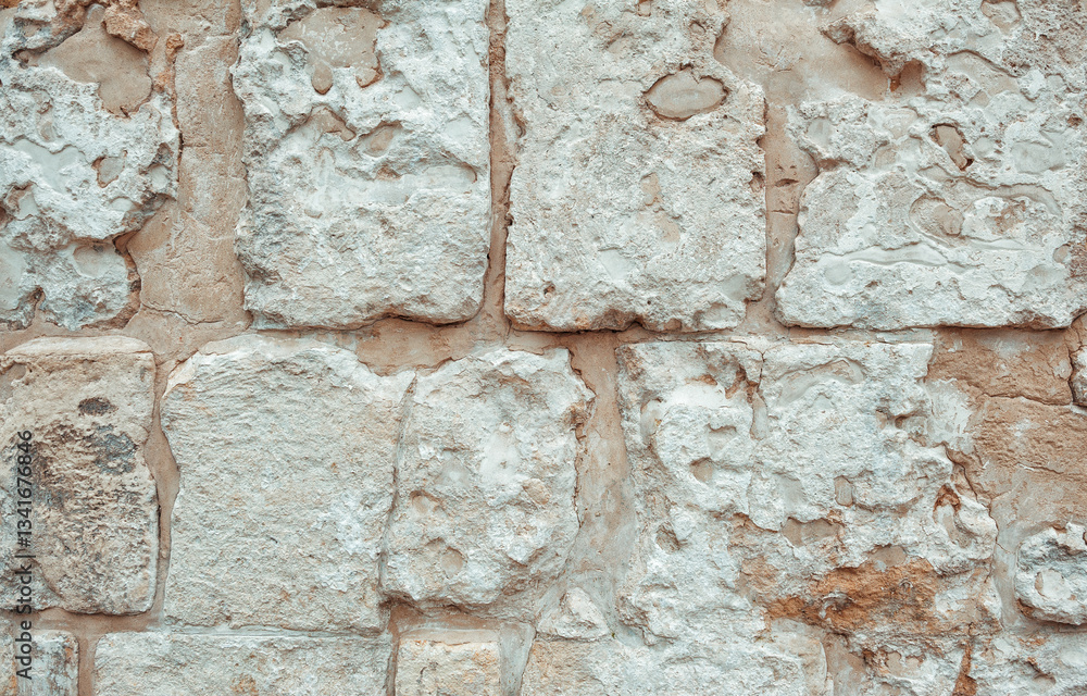 Weathered stone wall with rough texture and sandy tones Weathered stone wall with rough texture and sandy tones