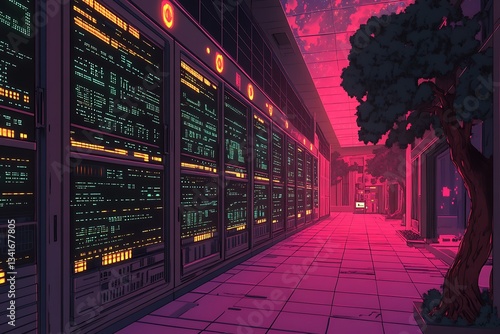 Futuristic server room with glowing data racks and pink sky, anime style illustration