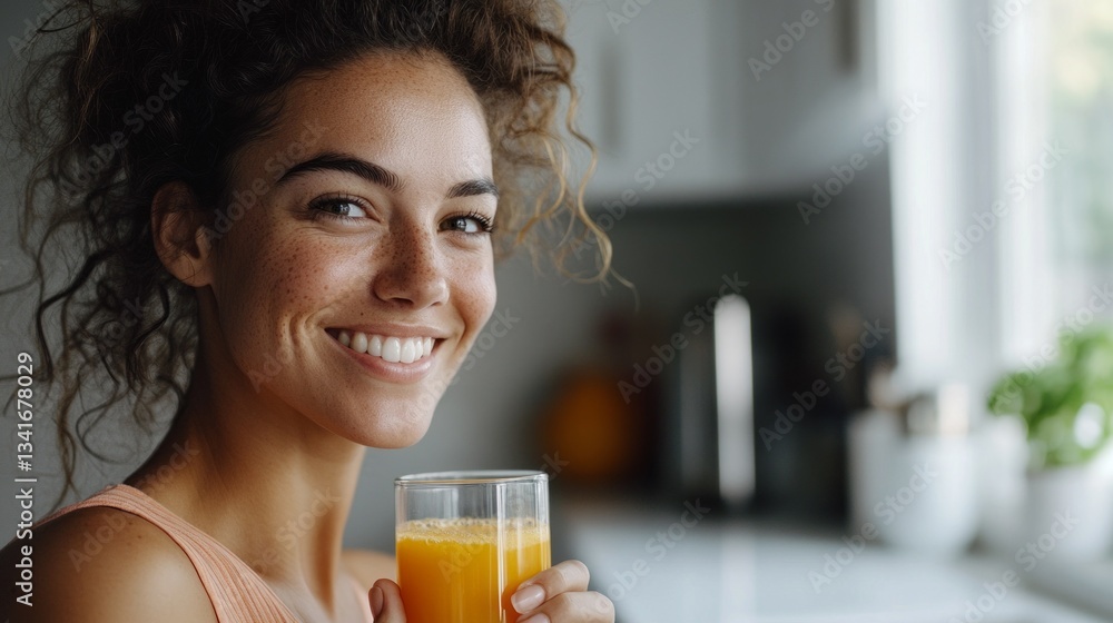 Woman drinking orange juice at kitchen counter. Woman drinking orange juice at kitchen counter.