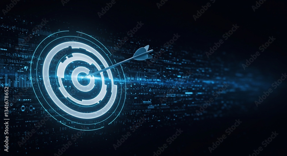 Fototapeta premium Hit the bullseye. Virtual digital target with arrow in the center. Abstract futuristic illustration with dark blue modern tech background.