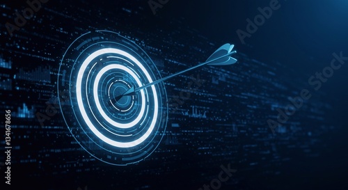 Hit the bullseye. Virtual digital target with arrow in the center. Abstract futuristic illustration with dark blue tech background.
