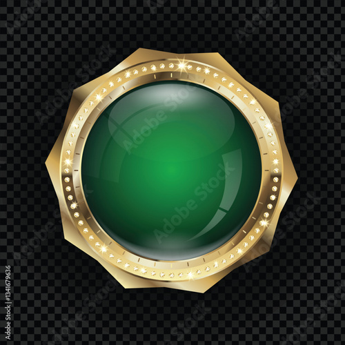 Luxury golden badge template with green centre, gold elements and diamonds, vector (EPS) illustration with free space on transparent background