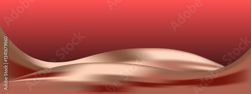 Abstract pastel Mocha Mousse color pearl wave on red coral background. Luxury long backdrop. Geometric art digital screen. Poster, banner. wallpaper. Presentation business card. Copy space. Cover