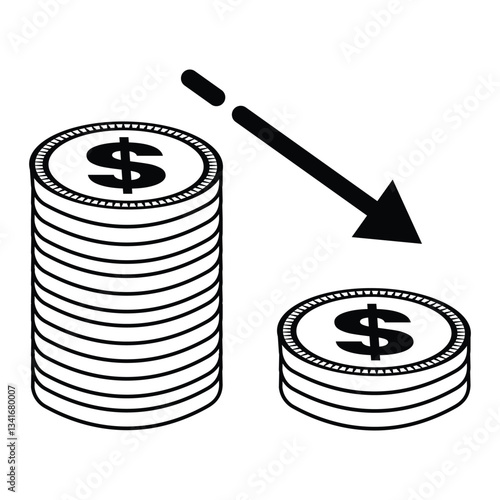 Cost reduction icon. Stock down. Money decreasing value icon with arrow graph illustration.