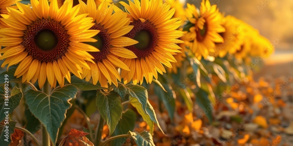 Obraz premium Sunflowers fading, autumn leaves scattered around their base, warm light, plant, detail