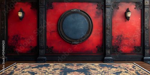 Elegant Interior: Captivating view of an elegant room with red walls, antique details, a dark-framed mirror, and stylish antique lamps.