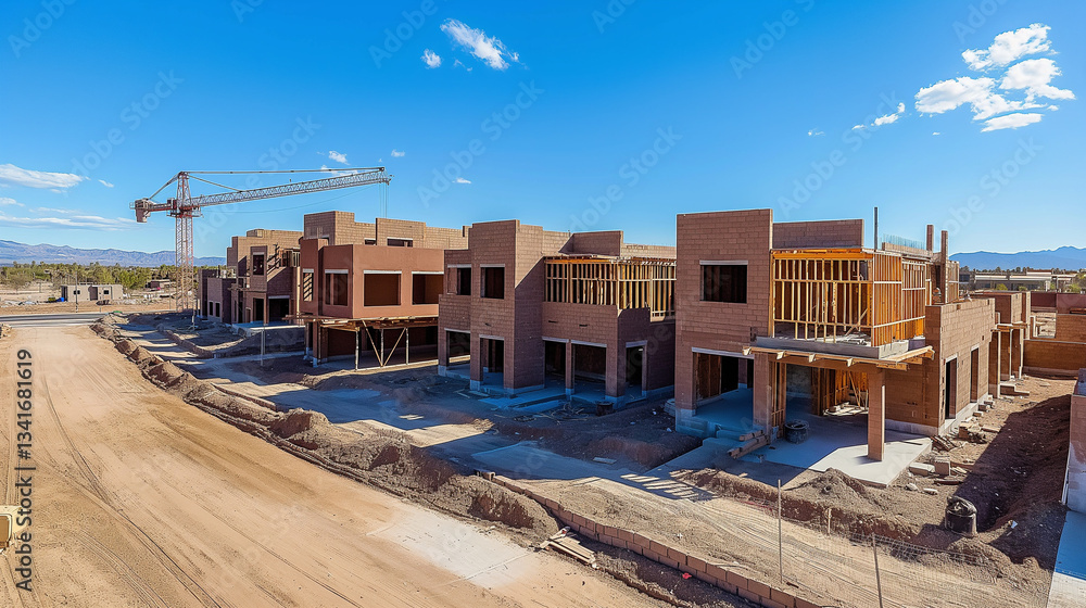 A newly constructed housing development under a blue sky A newly constructed housing development under a blue sky