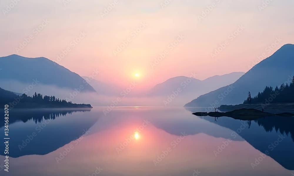 Serene Sunrise over Misty Mountain Lake Serene Sunrise over Misty Mountain Lake