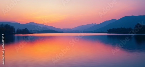Wallpaper Mural Serene lakeside landscape featuring vibrant sunset colors and mountain silhouettes Torontodigital.ca