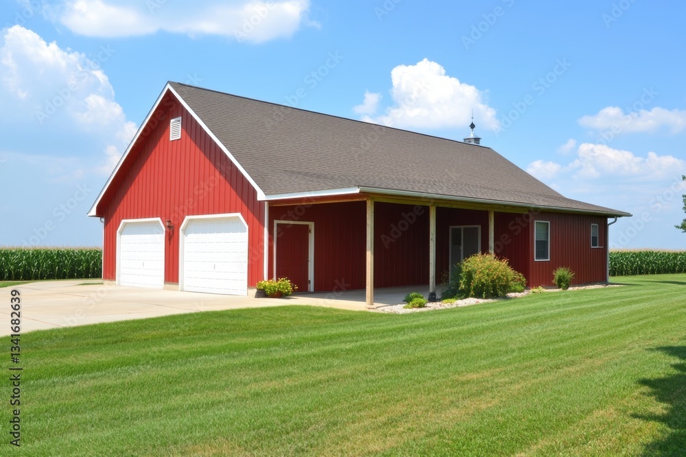 red barn-style house with two garages, surrounded by green grass and cornfields under a blue sky red barn-style house with two garages, surrounded by green grass and cornfields under a blue sky