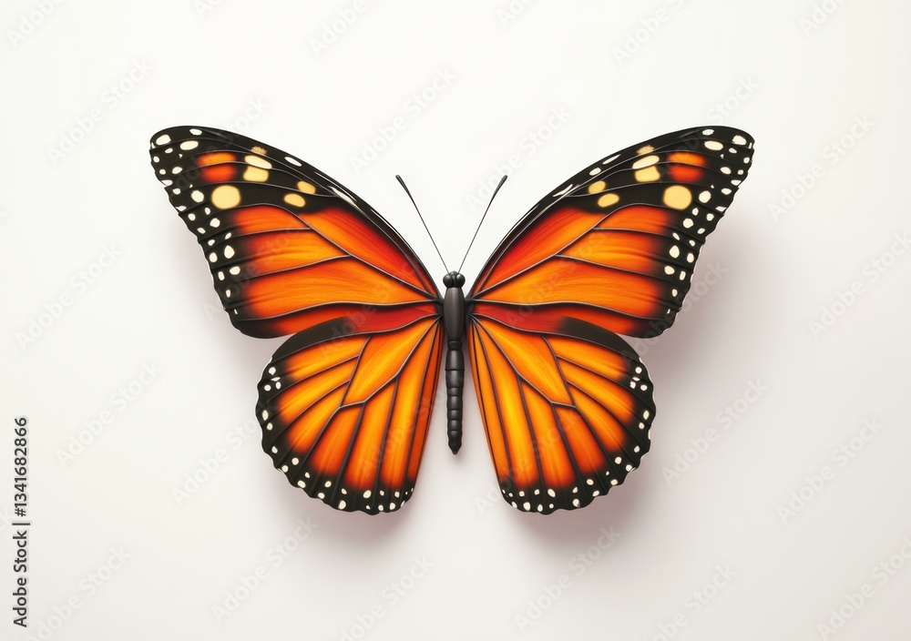 Vibrant Monarch Butterfly Displayed Symmetrically Against a Soft White Background Vibrant Monarch Butterfly Displayed Symmetrically Against a Soft White Background
