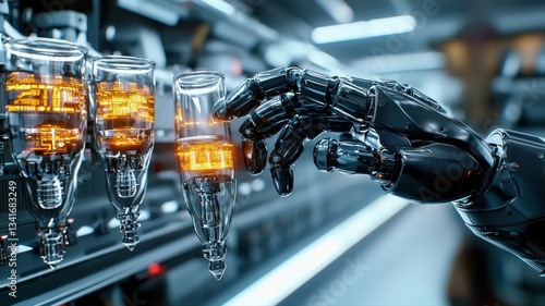 AI-powered robotic systems measuring the viscosity of industrial lubricants, futuristic automation