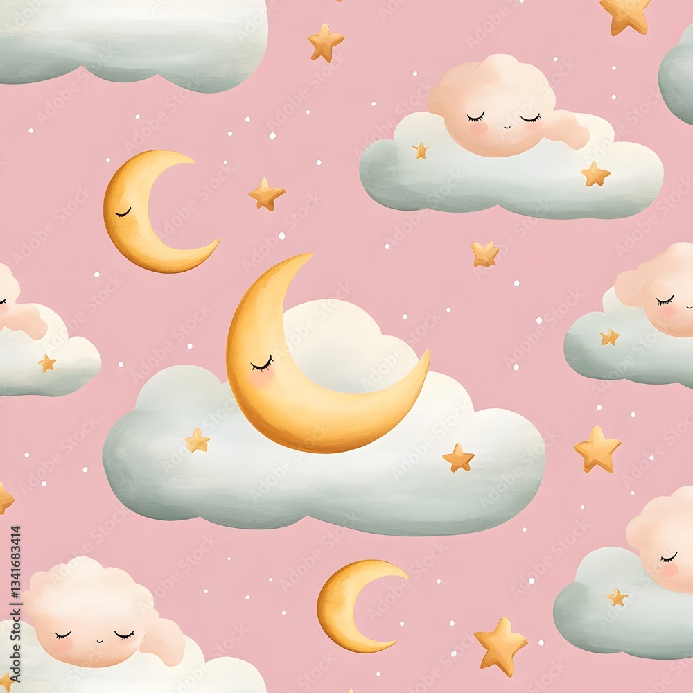 Naklejka premium A repeating pattern of fluffy pastel clouds with cute little sleeping moons and stars.