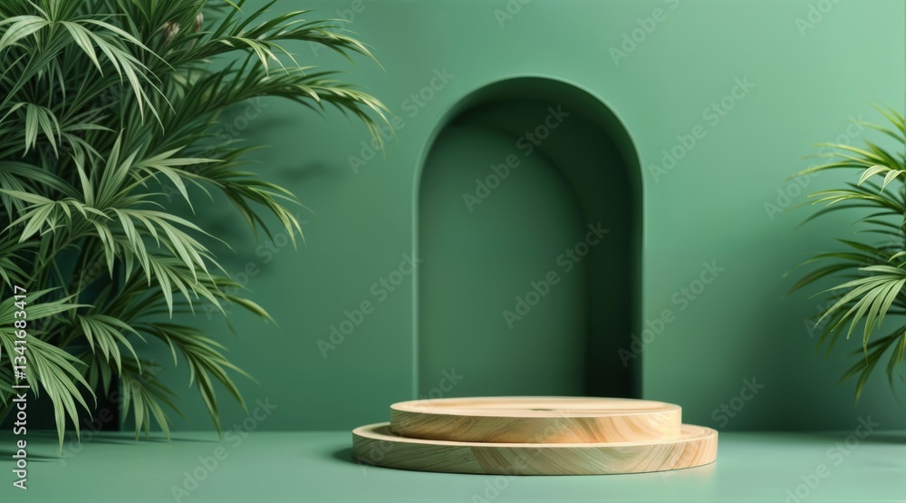 Modern display scene with wooden round platform, muted green tones, geometric shapes, archway cutout, botanical elements, natural light backdrop, empty stage, stylized nature, shadowplay. Modern display scene with wooden round platform, muted green tones, geometric shapes, archway cutout, botanical elements, natural light backdrop, empty stage, stylized nature, shadowplay.