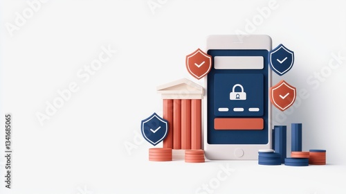 Wallpaper Mural Secure Mobile Banking Concept with Shield Icons and Bank Elements Torontodigital.ca