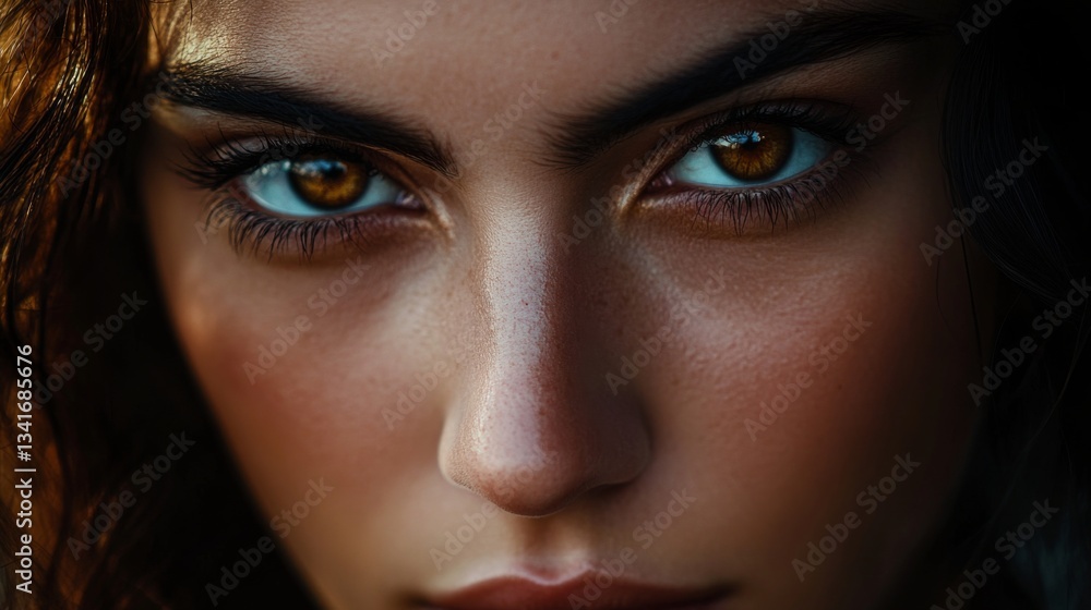 Fototapeta premium A stunning portrait capturing intense brown eyes and beautiful features. The image evokes a sense of mystery and allure. Perfect for creative projects. Generative AI