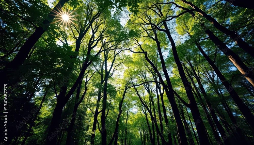 Fototapeta premium Sun-dappled high trees in Brussels forest, vibrant green canopy, sunrays, leaves