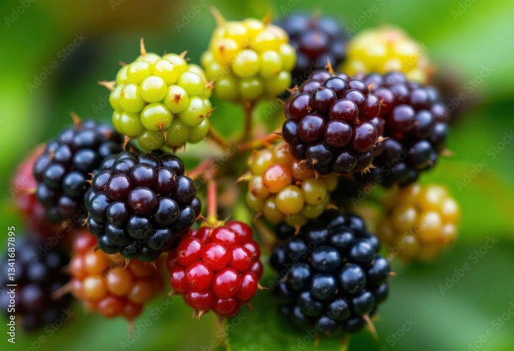 A close-up image of blackberries in various stages of ripeness growing on a bush. The berries range in color from green to red to deep purple-black, showcasing the fruit's development process. A close-up image of blackberries in various stages of ripeness growing on a bush. The berries range in color from green to red to deep purple-black, showcasing the fruit's development process.