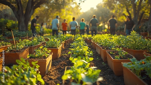 Community Garden with Volunteers Tending Plants in Raised Garden Beds at Sunset