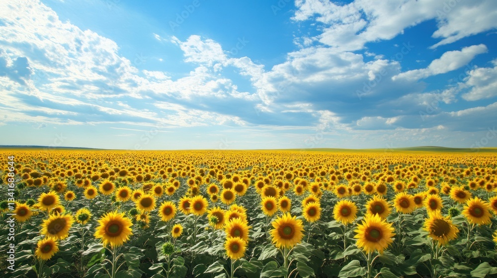 Obraz premium Majestic panorama showcasing a vibrant sunflower field under a boundless sky
