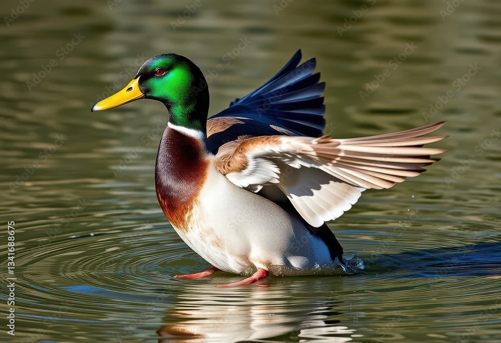 Fototapeta premium A drake mallard, vibrant green head feathers, landing on water, greenhead, ecosystem