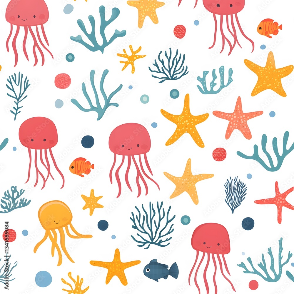 A seamless pattern of underwater sea creatures like jellyfish, starfish, and corals. A seamless pattern of underwater sea creatures like jellyfish, starfish, and corals.