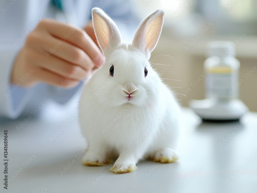 Fototapeta premium Adorable white rabbit sitting on a veterinary table with a doctor gently examining it. Soft fur and bright eyes highlight its delicate innocence.