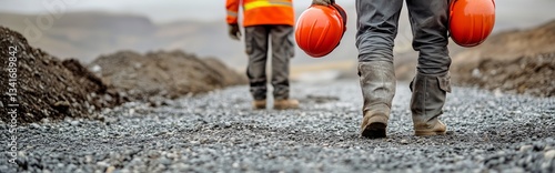 Construction Workers Take a Break While Managing a Site With Muddy Terrain an...