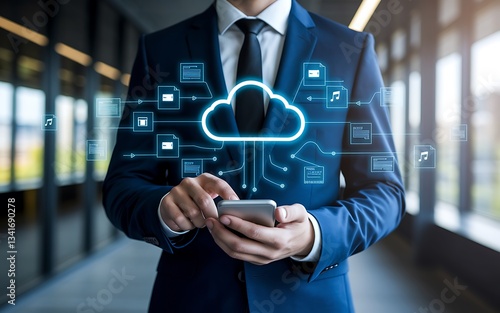 Wallpaper Mural Business Cloud Data Management. businessman using a smartphone with a glowing holographic cloud icon – Secure Cloud Storage & Synchronization, business cloud, cloud storage, data synchronization, 

 Torontodigital.ca