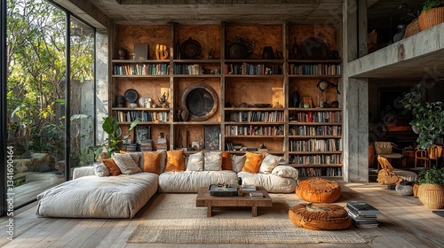 Wallpaper Mural A stylish living room features a large sofa, wooden shelves filled with books, and vibrant indoor plants, creating a warm, welcoming atmosphere. Torontodigital.ca