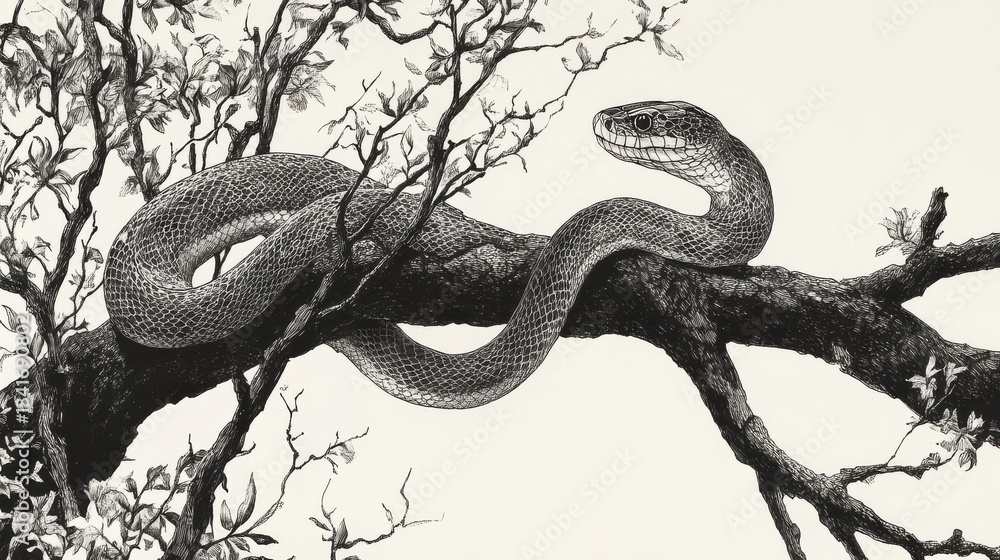 Obraz premium A Gray Snake Rests Peacefully On A Branch In A Tree