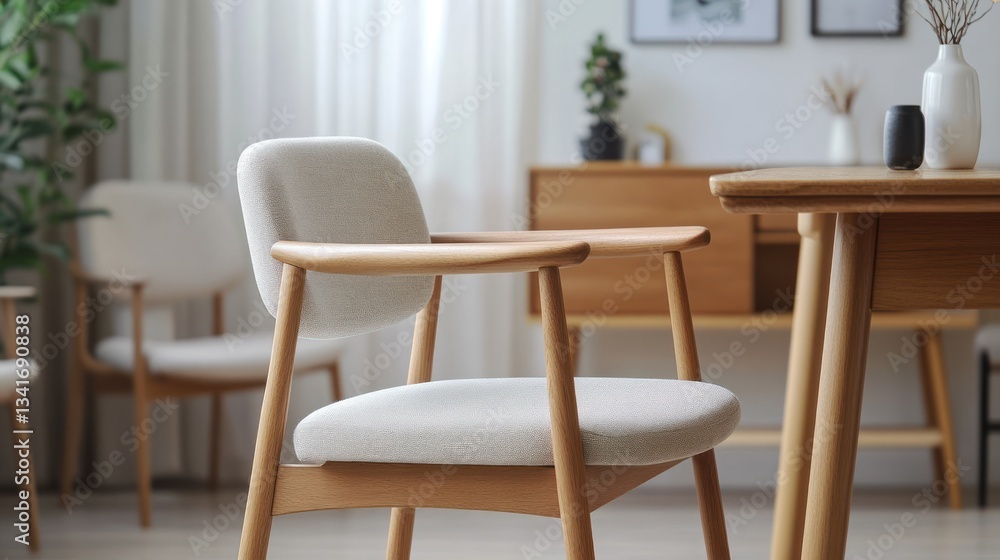 A minimalist Scandinavian-style office chair in natural wood with a soft fabric cushion and sleek armrests. A minimalist Scandinavian-style office chair in natural wood with a soft fabric cushion and sleek armrests.